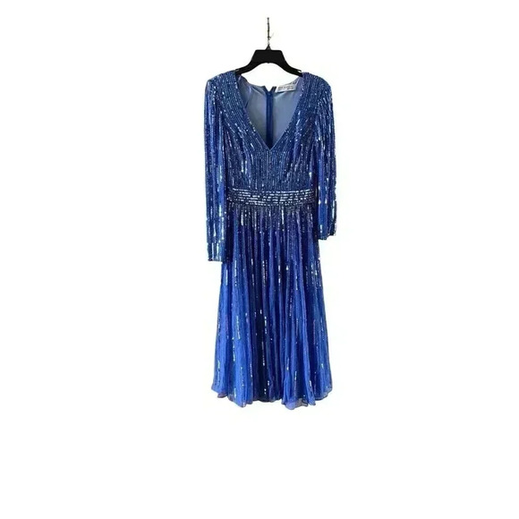 Mac Duggal Blue Embellished Long Sleeve A Line Midi Cocktail Dress-Size 4 - Picture 4 of 12